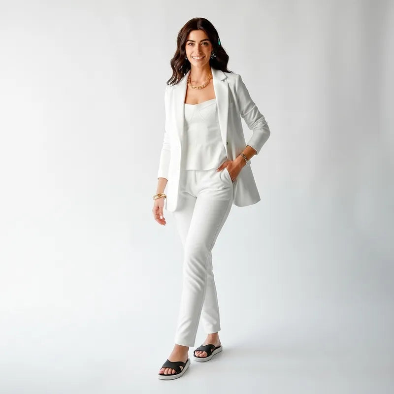 Mujer con sandalias Stella negras y conjunto blanco