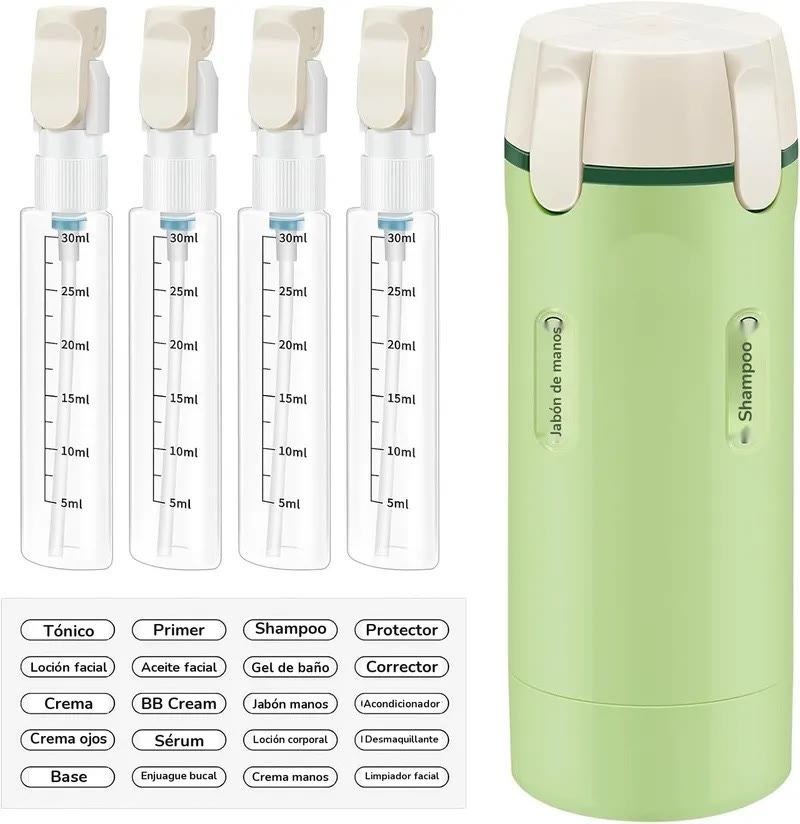Dispensador de viaje 4 en 1 con 4 frascos y etiquetas